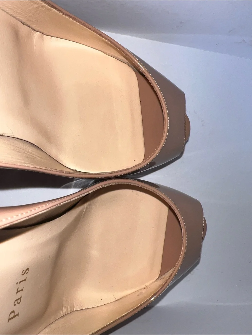 Christian Louboutin Nude Patent Peep-Toe Pumps with Signature Red Sole